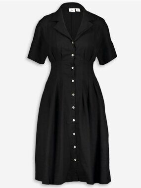 EUC Halston Black Linen Shirt Dress Classic Button Summer Short Sleeve Midi 6